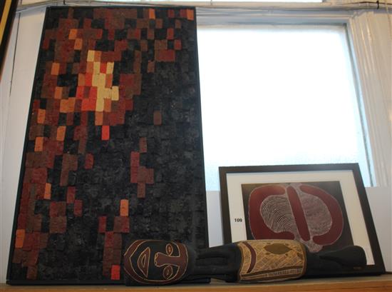 Aboriginal framed painting, carving and refief